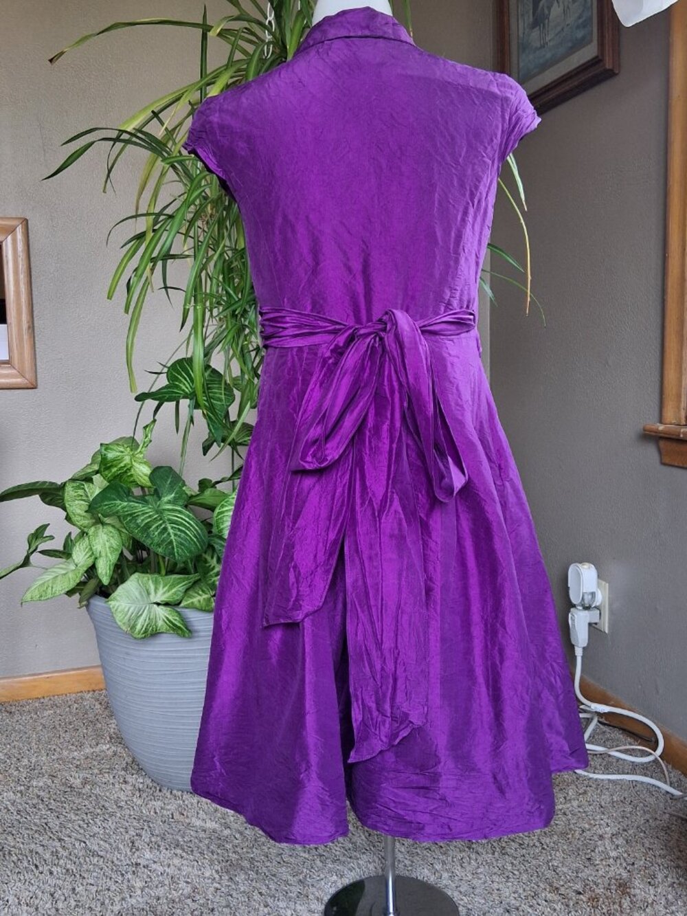 Jones NY Purple 100% Silk Iridescent Taffeta Wrap Midi Dress Wedding Cocktail 12 - Picture 5 of 12